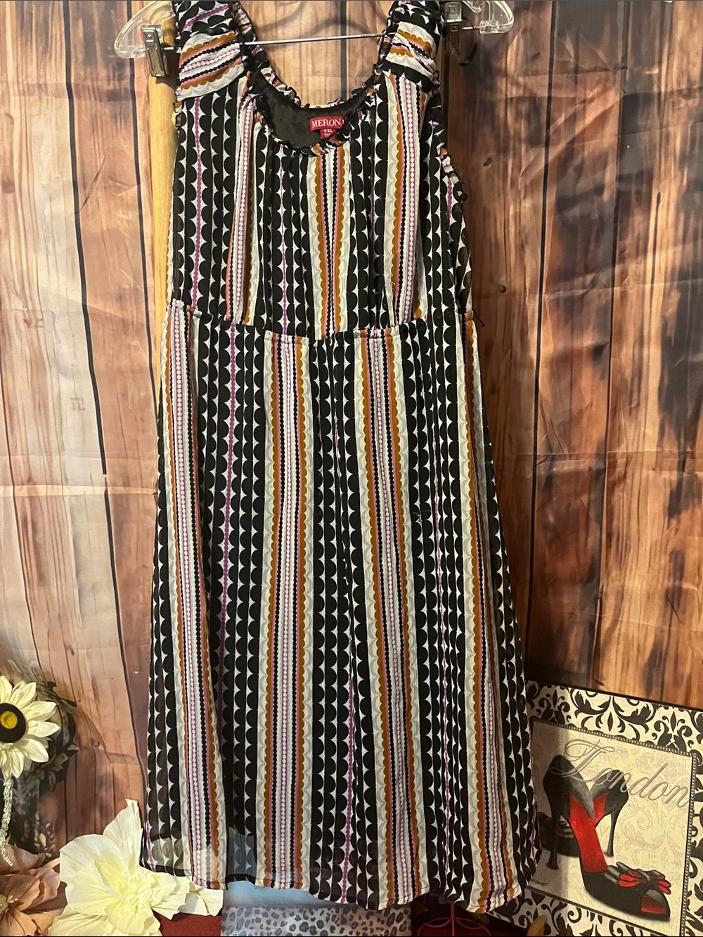 Merona Black Striped Sleeveless Maxi Dress with Cream, Gold and Pink Accents
